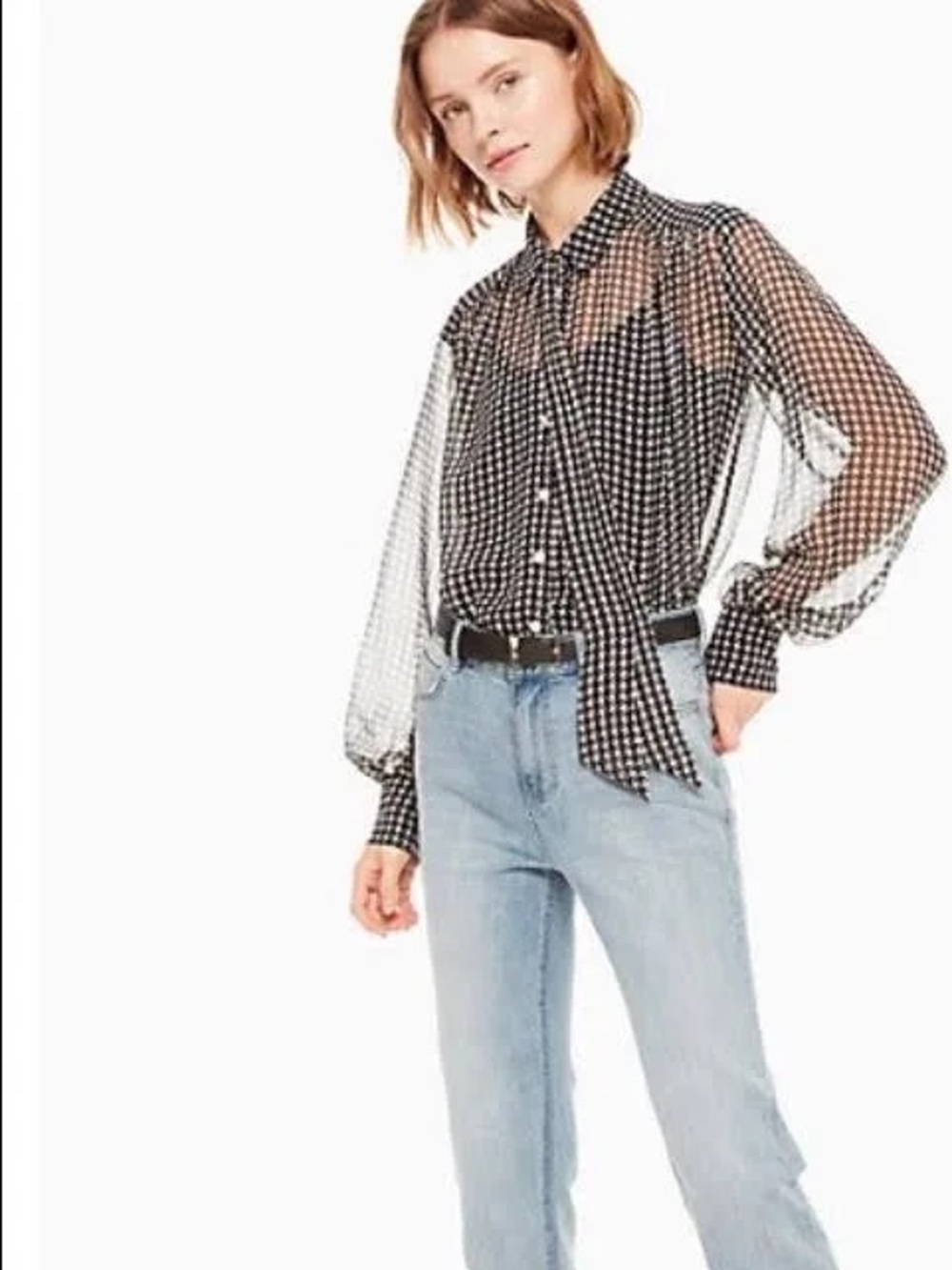 Kate Spade Sheer Black Dotted Tie-Neck Blouse